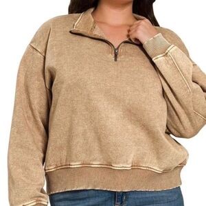 Casual Tan Quarter-Zip Sweatshirt by zenana